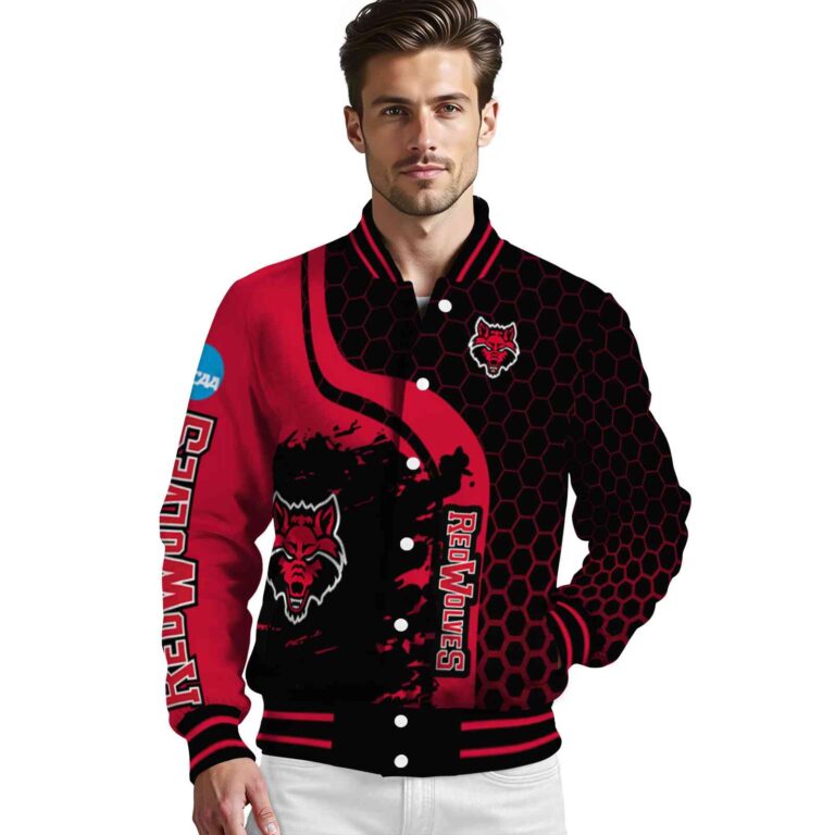 arkansas state red wolves hexagonal pattern scarlet black jacket high quality