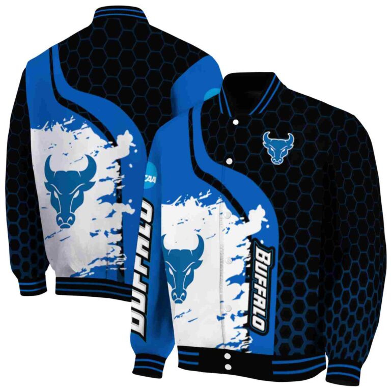 buffalo bulls hexagonal pattern royal blue black jacket fashion forward