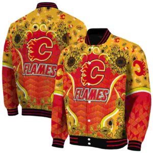 calgary flames sunflower bloom red yellow jacket fashion forward