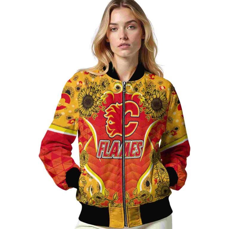 calgary flames sunflower bloom red yellow jacket latest model