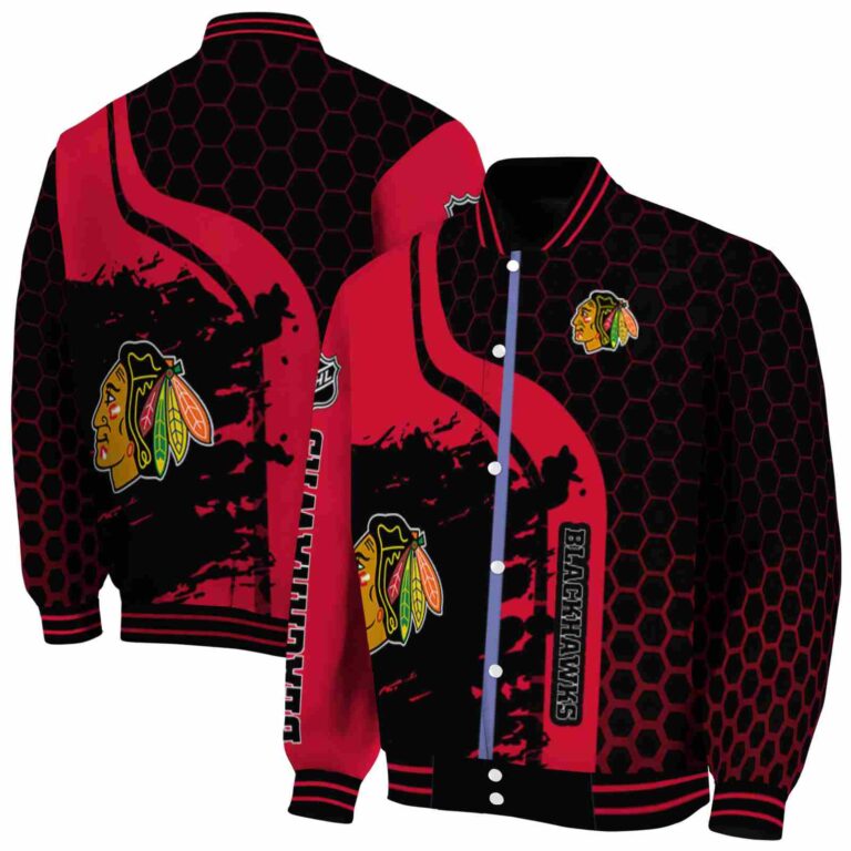 chicago blackhawks hexagonal pattern red black jacket fashion forward
