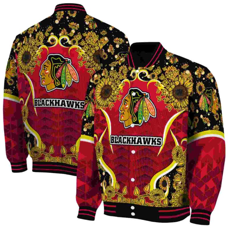 chicago blackhawks sunflower bloom red yellow jacket fashion forward