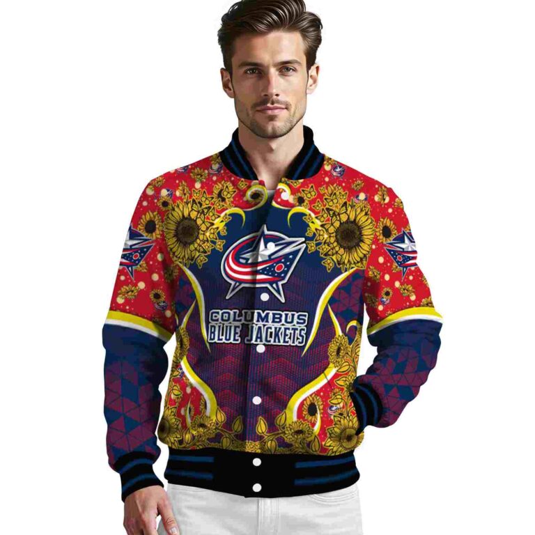 columbus blue jackets sunflower bloom navy blue yellow jacket high quality