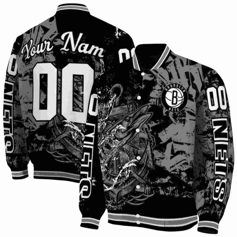 custom brooklyn nets fishing art black jacket fashion forward