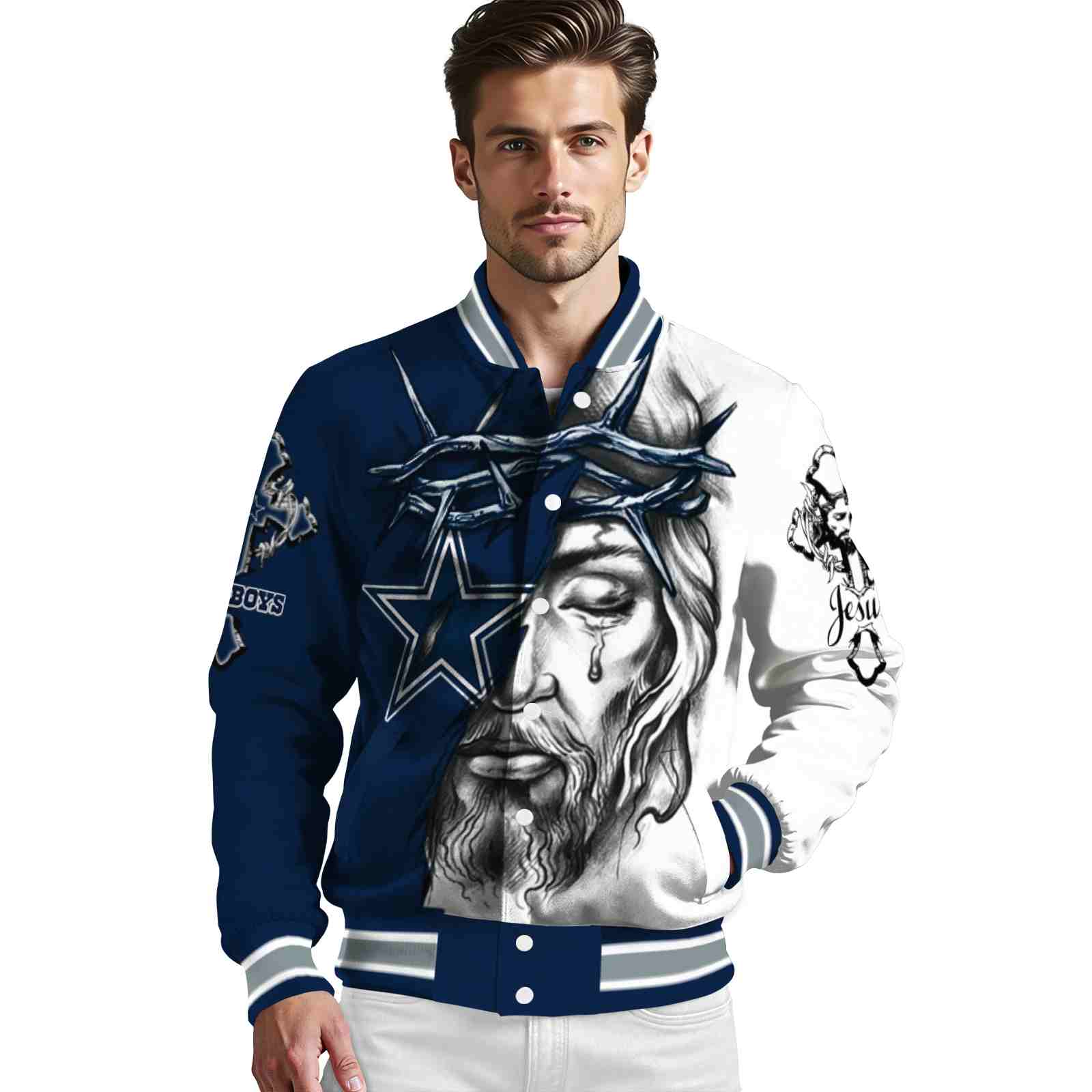 custom dallas cowboys jesus tears blue white jacket high quality custom dallas cowboys jesus tears blue white jacket high quality