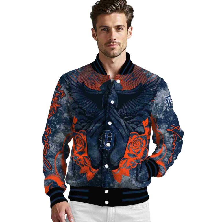 custom detroit tigers praying hands navy jacket high quality