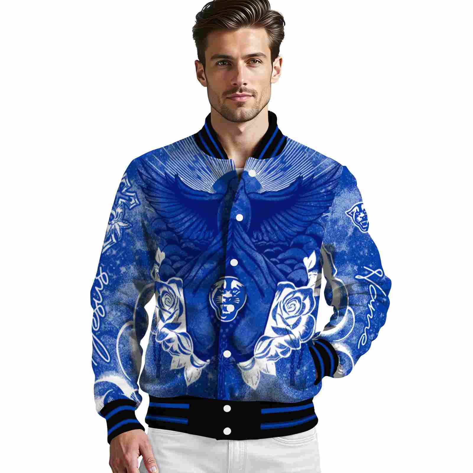 custom georgia state panthers praying hands blue jacket high quality custom georgia state panthers praying hands blue jacket high quality