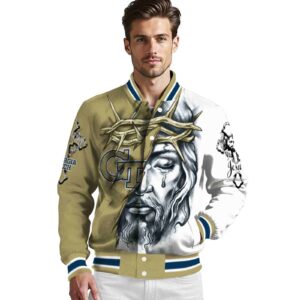 custom georgia tech yellow jackets jesus tears gold white jacket high quality