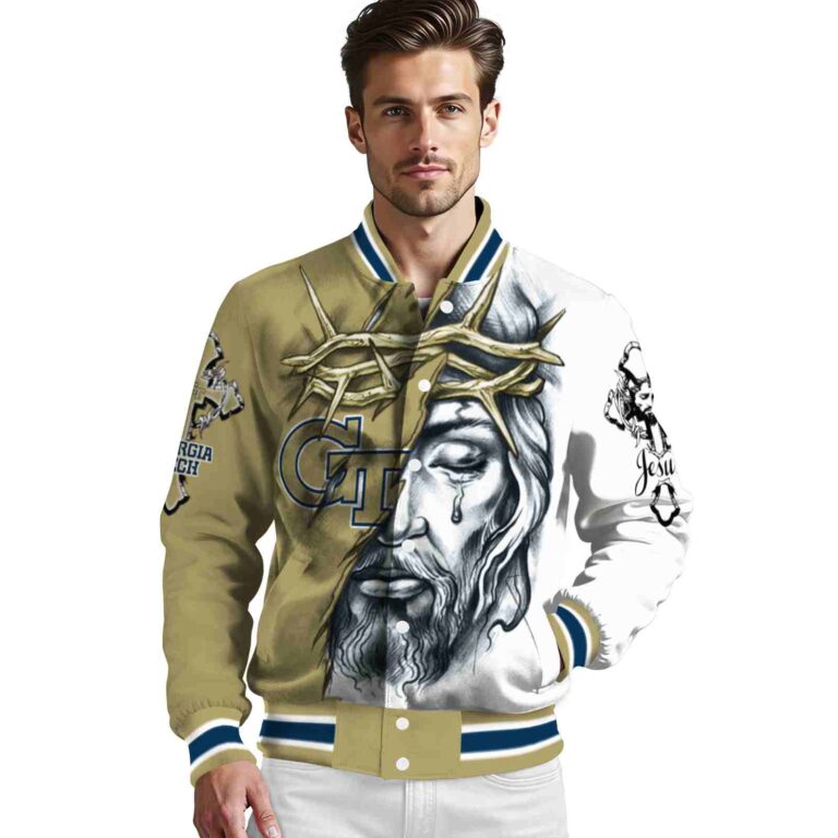 custom georgia tech yellow jackets jesus tears gold white jacket high quality