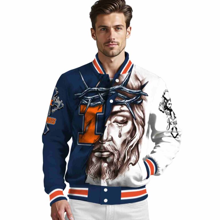 custom illinois fighting illini jesus tears blue white jacket high quality