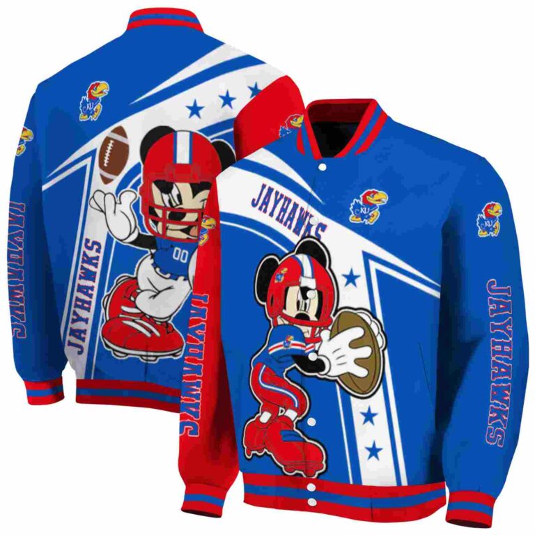 custom kansas jayhawks mickey football blue white jacket fashion forward