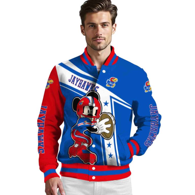 custom kansas jayhawks mickey football blue white jacket high quality