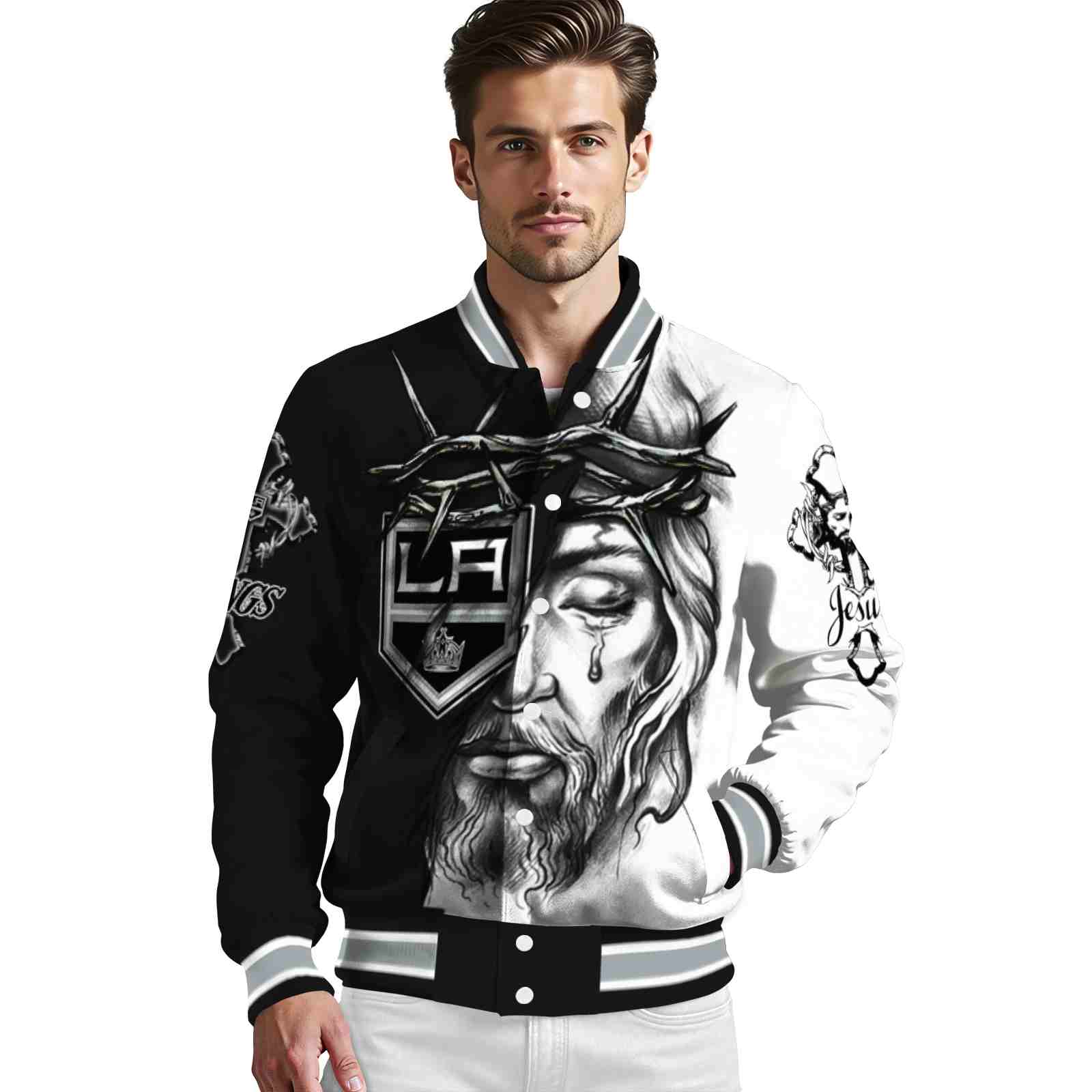 custom los angeles kings jesus tears black white jacket high quality custom los angeles kings jesus tears black white jacket high quality