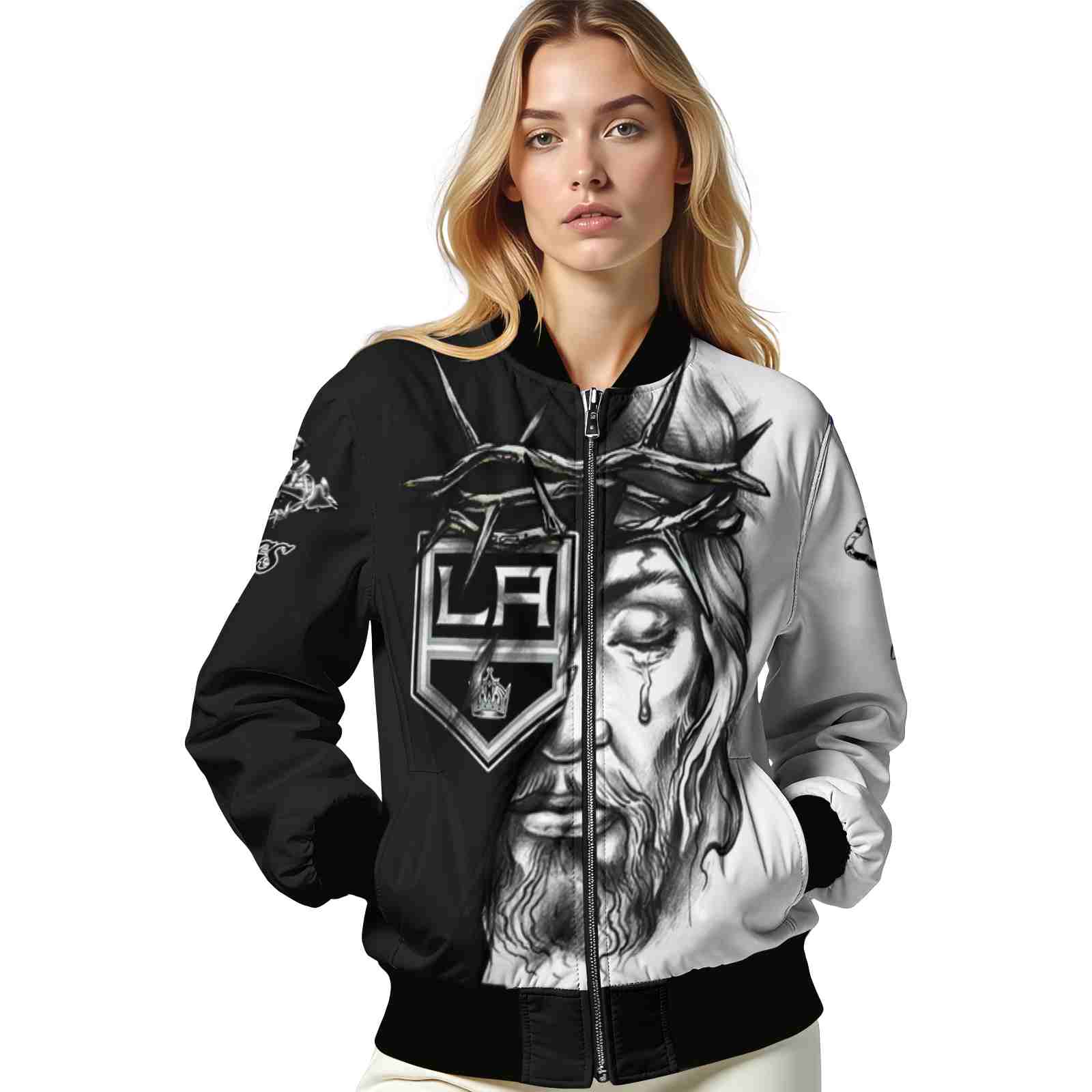 custom los angeles kings jesus tears black white jacket latest model custom los angeles kings jesus tears black white jacket latest model