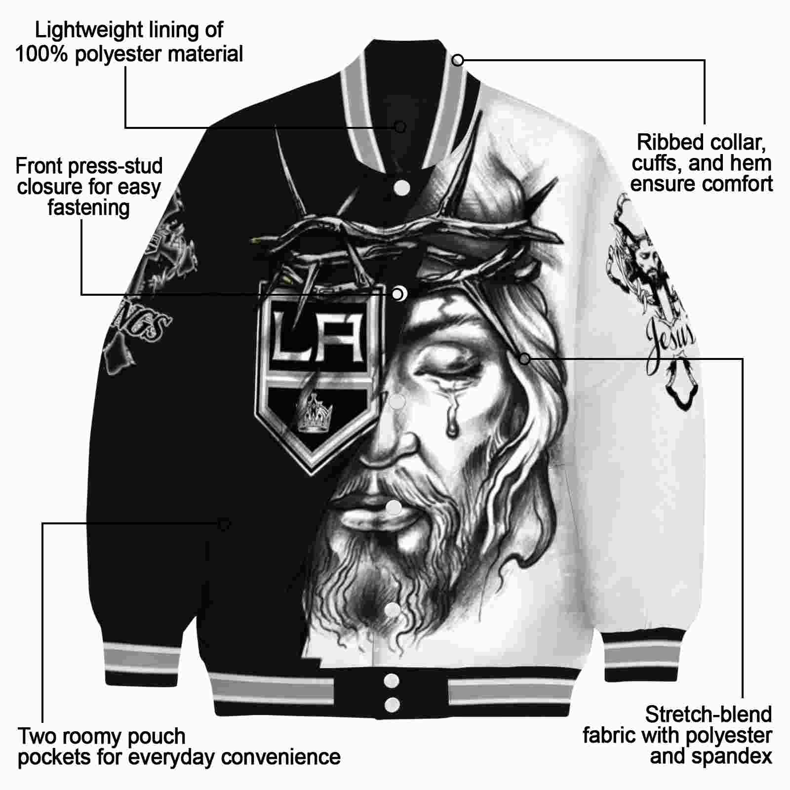 custom los angeles kings jesus tears black white jacket new arrival custom los angeles kings jesus tears black white jacket new arrival