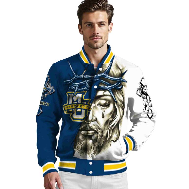 custom marquette golden eagles jesus tears blue white jacket high quality