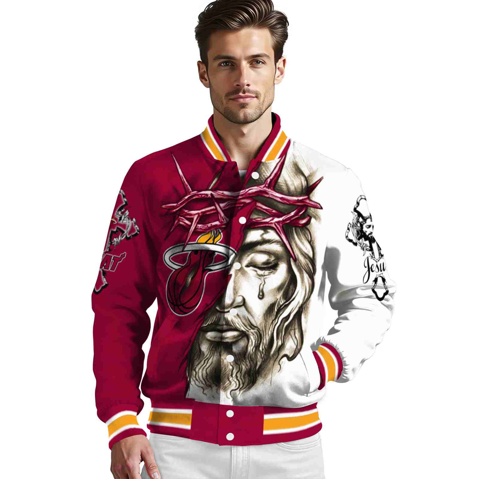 custom miami heat jesus tears red white jacket high quality custom miami heat jesus tears red white jacket high quality