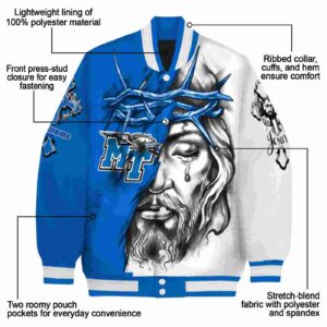 custom middle tennessee blue raiders jesus tears blue white jacket new arrival