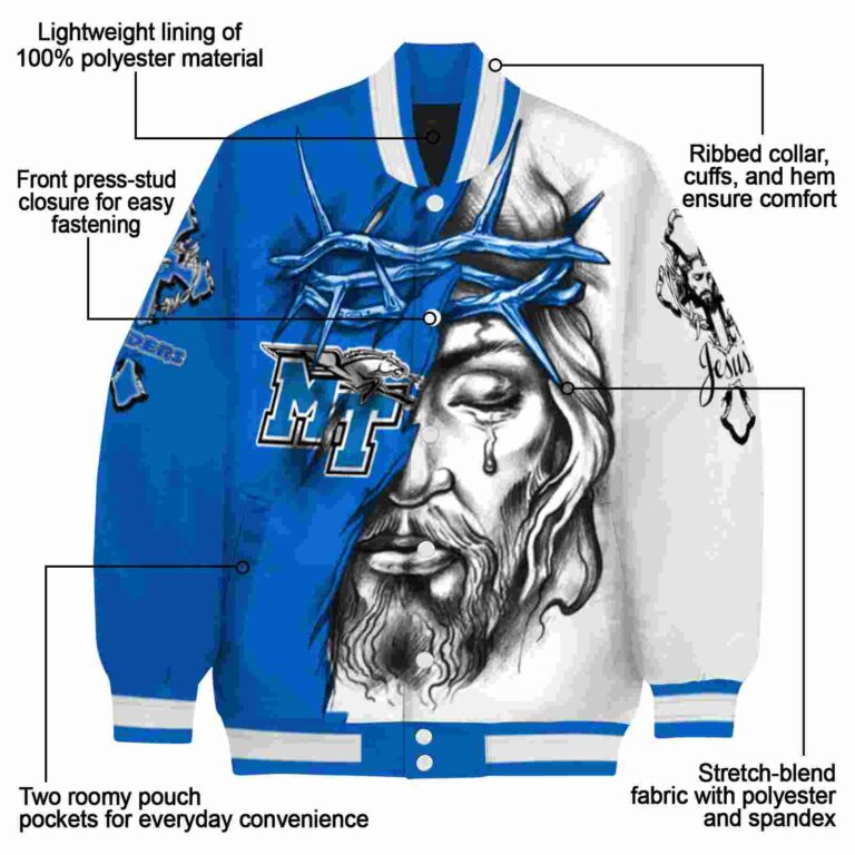 custom middle tennessee blue raiders jesus tears blue white jacket new arrival