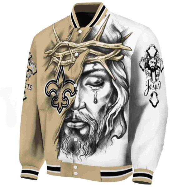 custom new orleans saints jesus tears gold white jacket best selling