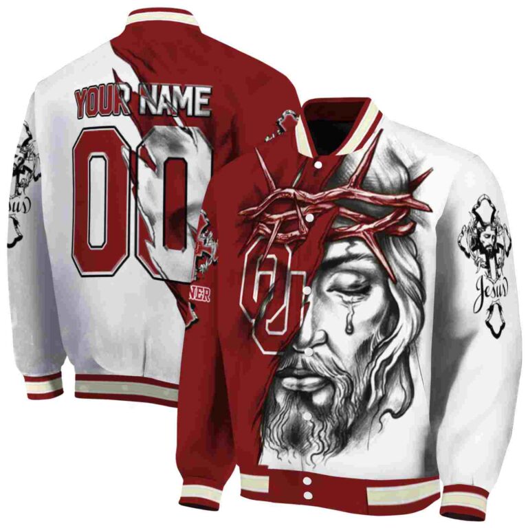 custom oklahoma sooners jesus tears crimson white jacket fashion forward