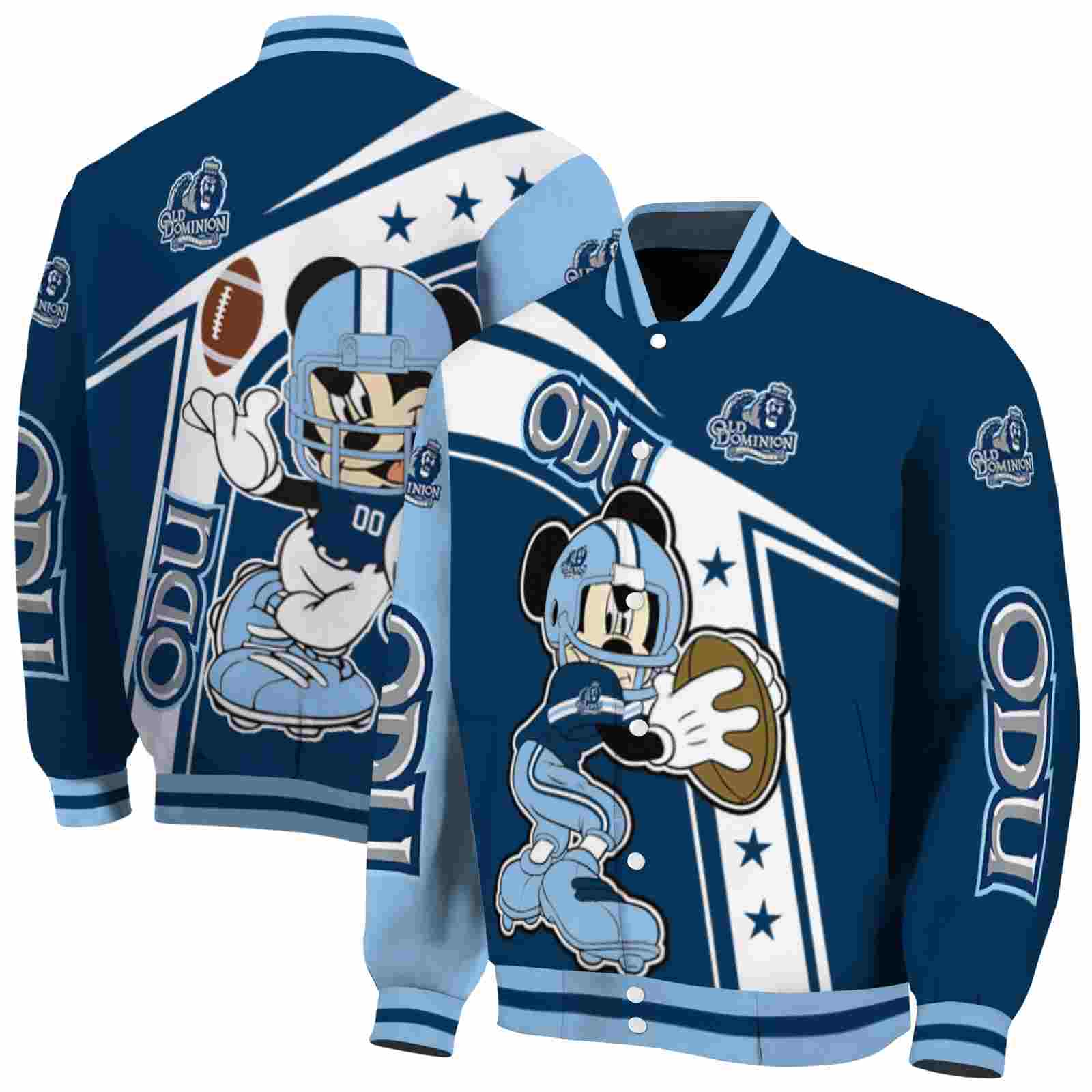 custom old dominion monarchs mickey football blue white jacket fashion forward custom old dominion monarchs mickey football blue white jacket fashion forward