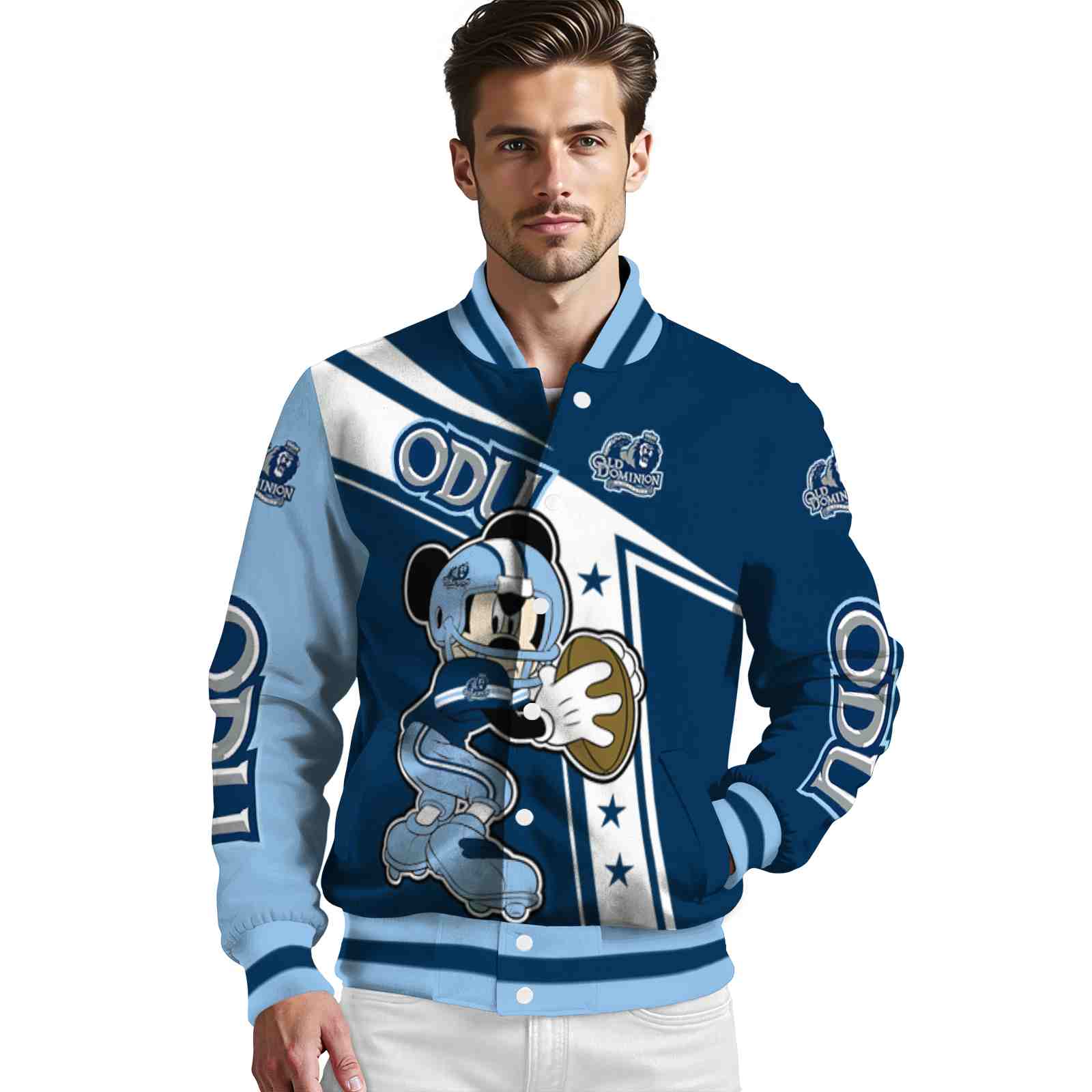 custom old dominion monarchs mickey football blue white jacket high quality custom old dominion monarchs mickey football blue white jacket high quality