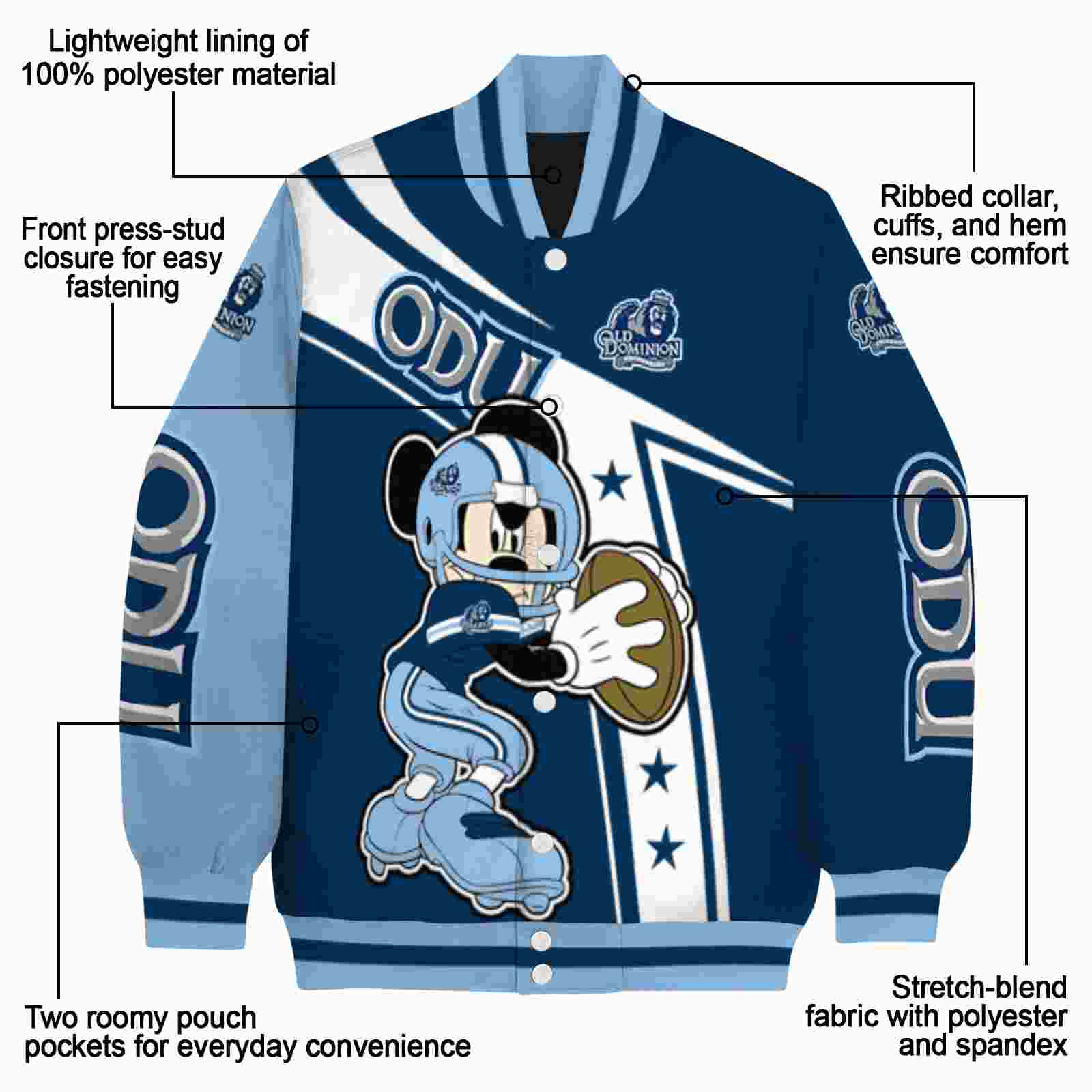 custom old dominion monarchs mickey football blue white jacket new arrival custom old dominion monarchs mickey football blue white jacket new arrival