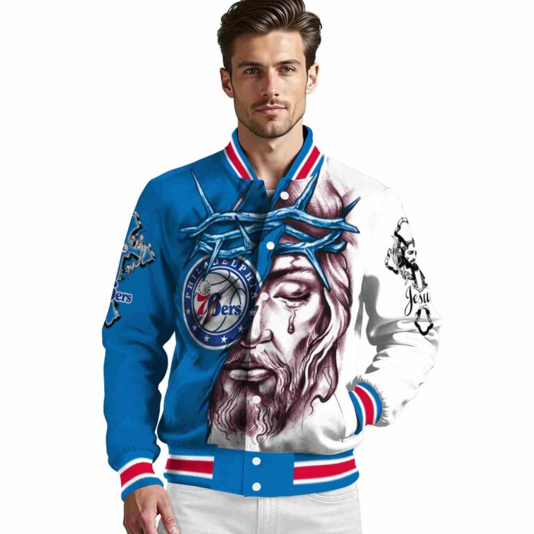 custom philadelphia 76ers jesus tears blue white jacket high quality