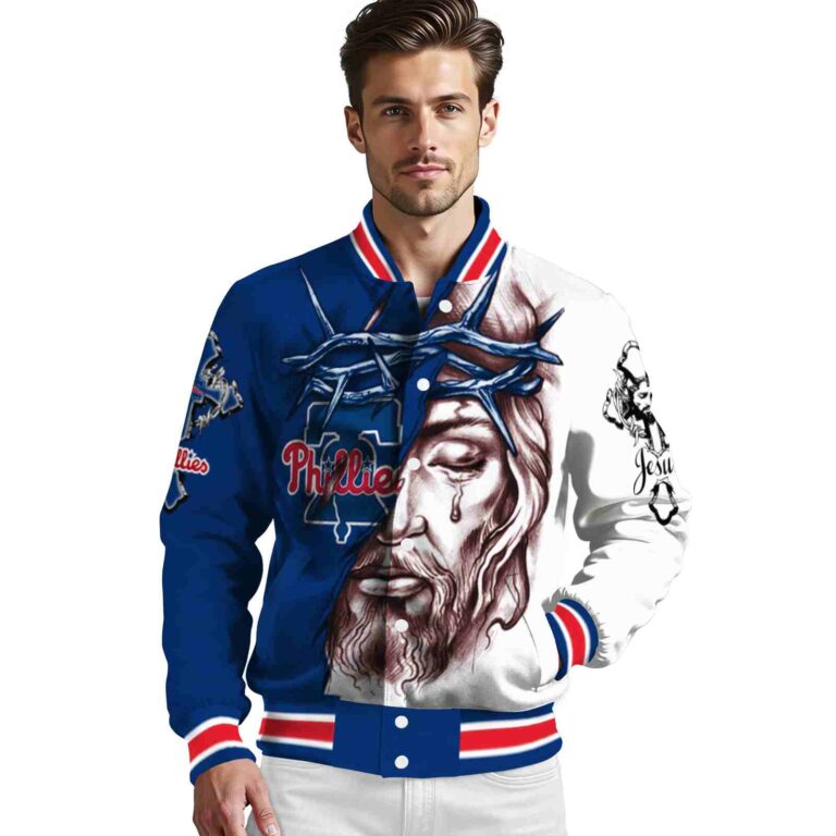 custom philadelphia phillies jesus tears blue white jacket high quality