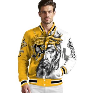 custom pittsburgh penguins jesus tears yellow white jacket high quality