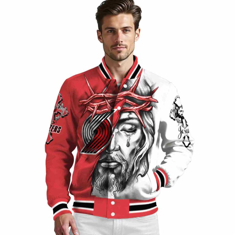 custom portland trail blazers jesus tears red white jacket high quality