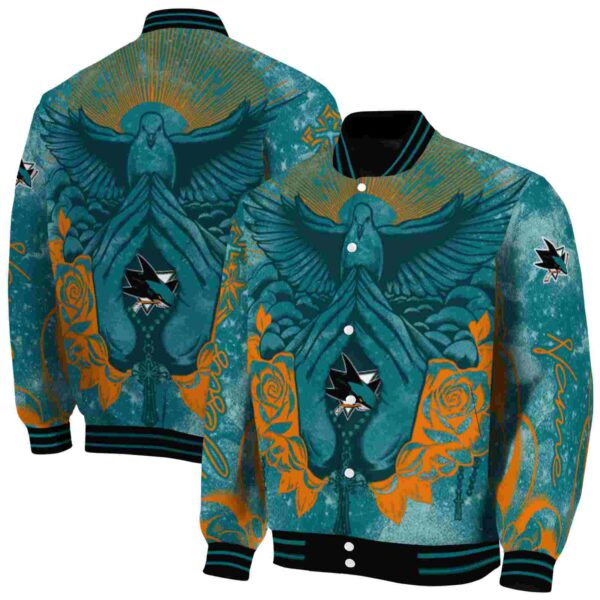 custom san jose sharks praying hands teal jacket fashion forward