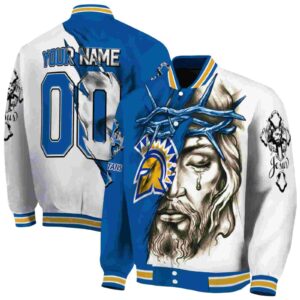 custom san jose state spartans jesus tears blue white jacket fashion forward