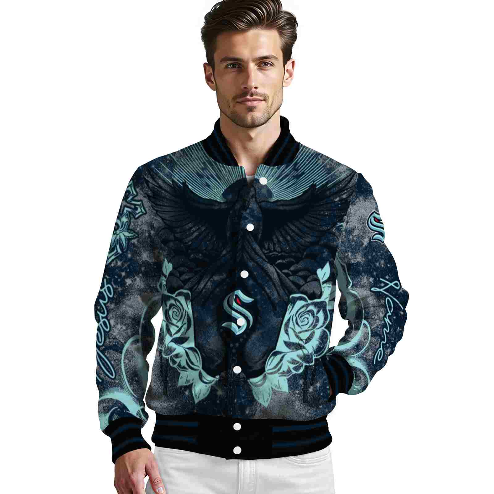 custom seattle kraken praying hands blue jacket high quality custom seattle kraken praying hands blue jacket high quality