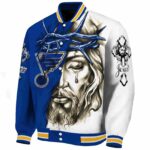 custom st louis blues jesus tears blue white jacket best selling