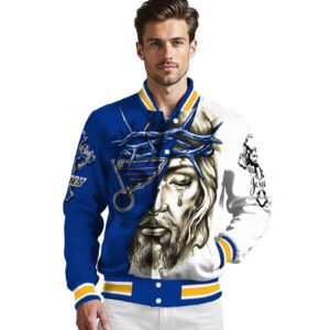 custom st louis blues jesus tears blue white jacket high quality
