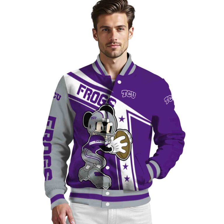 custom tcu horned frogs mickey football purple white jacket high quality