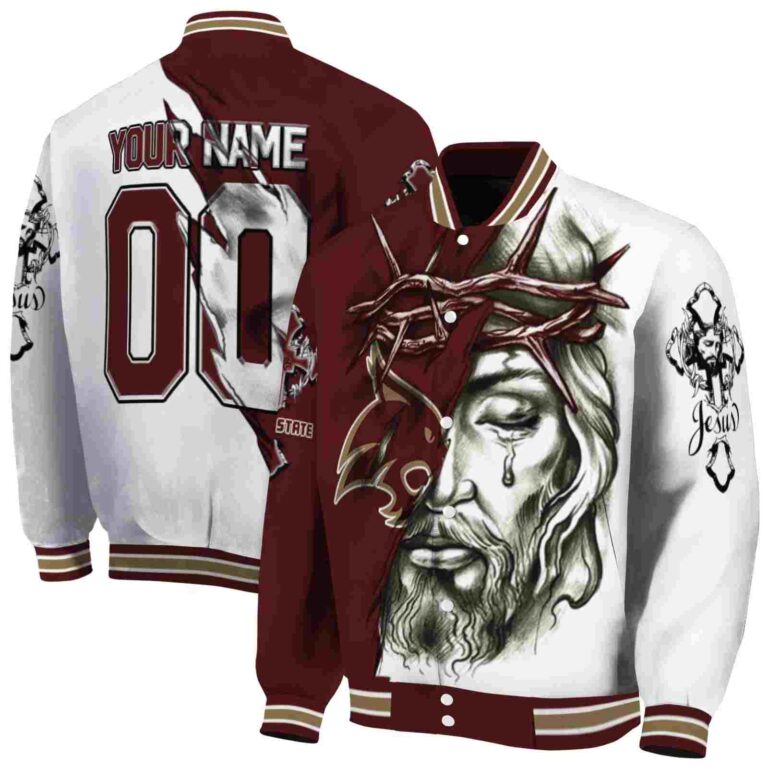 custom texas state bobcats jesus tears maroon white jacket fashion forward