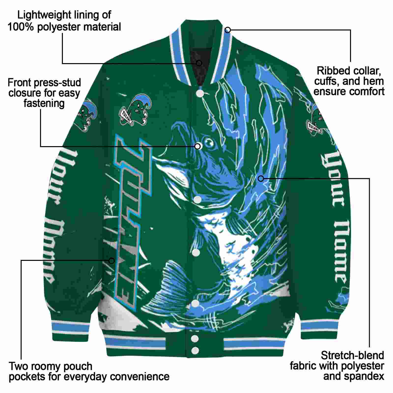 custom tulane green wave fishing passion green white jacket new arrival custom tulane green wave fishing passion green white jacket new arrival