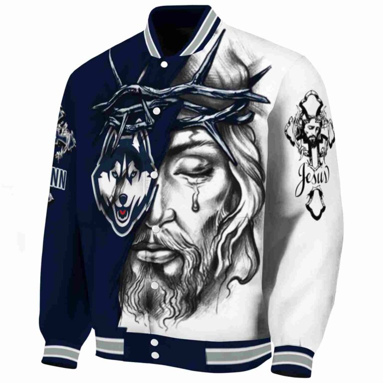 custom uconn huskies jesus tears blue white jacket best selling