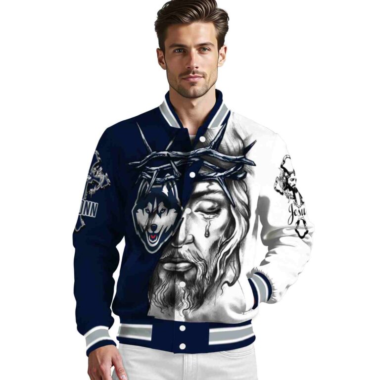custom uconn huskies jesus tears blue white jacket high quality
