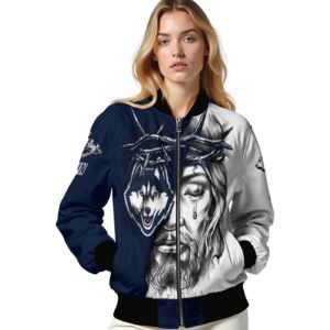 custom uconn huskies jesus tears blue white jacket latest model