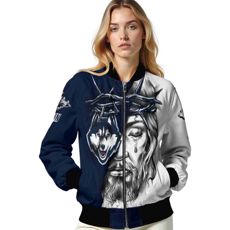 custom uconn huskies jesus tears blue white jacket latest model