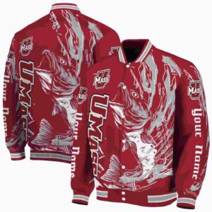 custom umass minutemen fishing passion red white jacket fashion forward