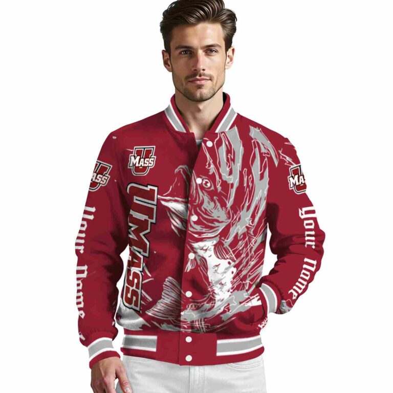 custom umass minutemen fishing passion red white jacket high quality