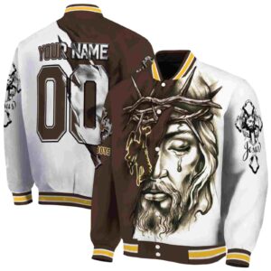 custom wyoming cowboys jesus tears brown white jacket fashion forward
