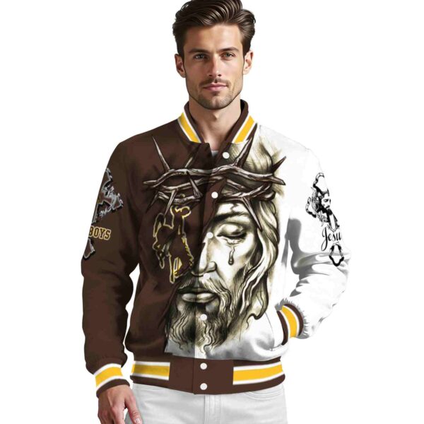 custom wyoming cowboys jesus tears brown white jacket high quality
