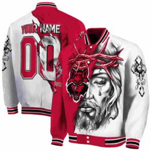 customized arkansas state red wolves jesus tears scarlet white jacket fashion forward