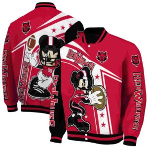 customized arkansas state red wolves mickey football scarlet white jacket fashion forward